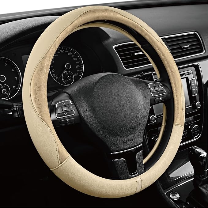PIC AUTO Steering Wheel Cover, Gold Patterned Leather Patchwork Design, Universal Fit 14.5"–15.5", Anti-Slip, Odor-Free, Soft PU Grain Leather, Durable Grip Car Accessory for Girls & Women