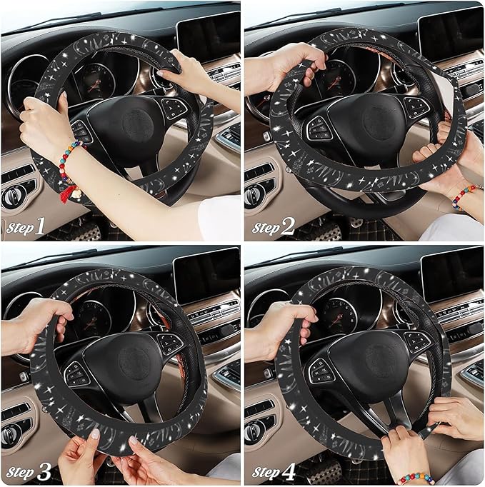 Sun Moon and Steering Wheel Cover, Stars Constellation Elastic Non-Slip Steering Wheel Protector,Auto Interior Decor for Women Girls,Universal 15" Fit for Sedans,Trucks
