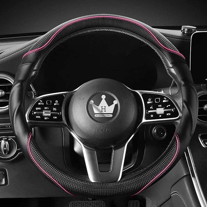 3D Car Steering Wheel Cover Comfort Grip Massage Sporty Anti-Slip Carbon Fiber Faux Leather for F150, Trucks, Jeep, Van, Car Handle Covers for All Seasons, 15.2-16in, Pink