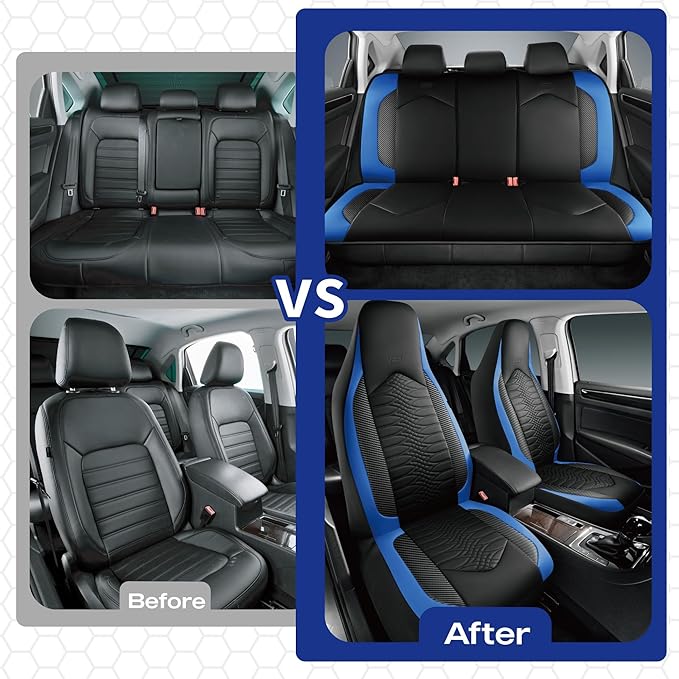 Skechers Memory Foam Car Seat Covers, Leather High Back Seat Covers Quilting Design,Waterproof Sports Car Seat Covers Front Seats,Airbag Compatible, Universal Fit for Most Cars, SUVs,Trucks,Blue