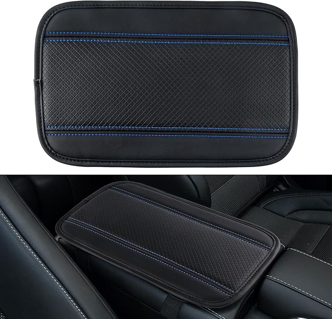 Amiss Car Center Console Pad, Universal Waterproof Car Armrest Seat Box Cover, PU Leather Auto Armrest Cover Protector，Vehicle Interior Accessories fits SUV/Truck/Car (Black-Blue)