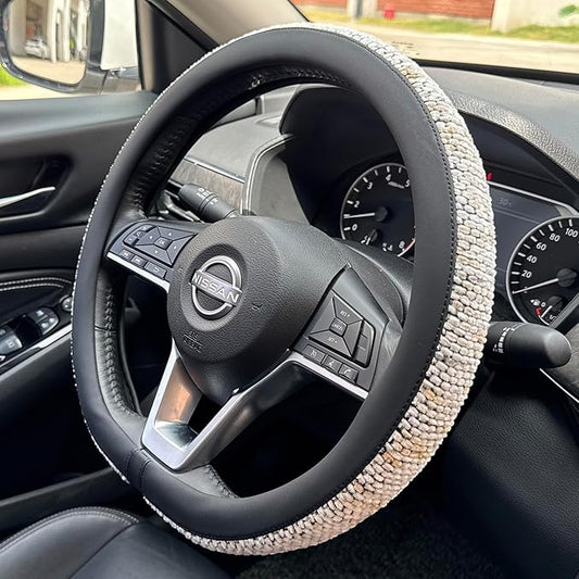 PINCTROT D Shaped Chenille Leather Steering Wheel Cover, Soft Mottled Colors, Sweat-Proof, Non-Slip Grip, All-Season Comfort, Flat Bottom 14.5-15 Inch(Mottled White)