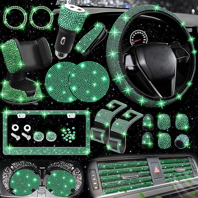 NBTEPEM 27 PCs Green Bling Car Accessories Set for Women, Steering Wheel Covers Universal Fit 15 Inch, Bling License Plate Frame, Bling Phone Holder, Bling Car Coasters (Green Diamond)