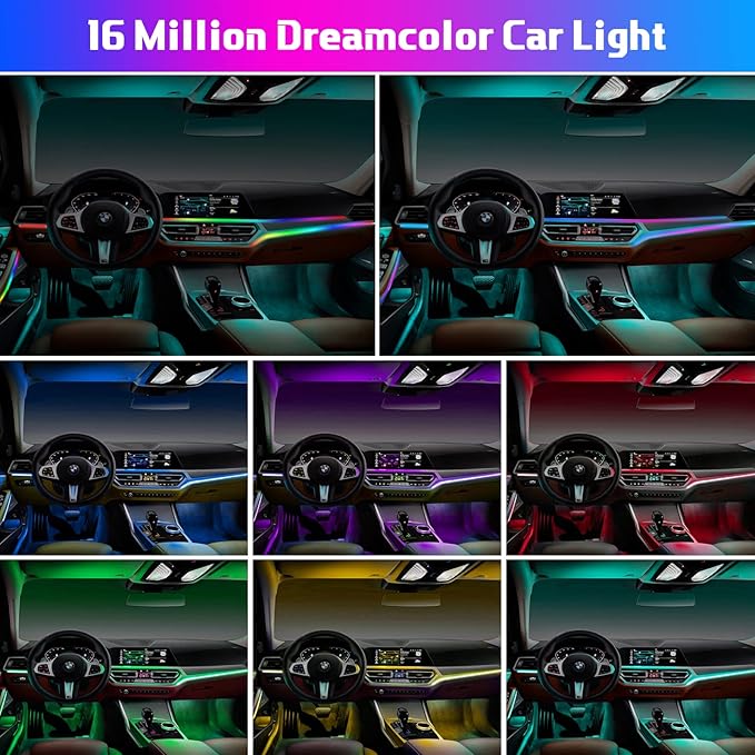Acrylic Interior Car LED Strip Light RGB Dreamcolor 10 in1 with Wireless APP, 175 inches 593 LED 16 Million Color Fiber Optic Automotive Ambient Light Kits Music Sync Sound Activated Car Neon Lights