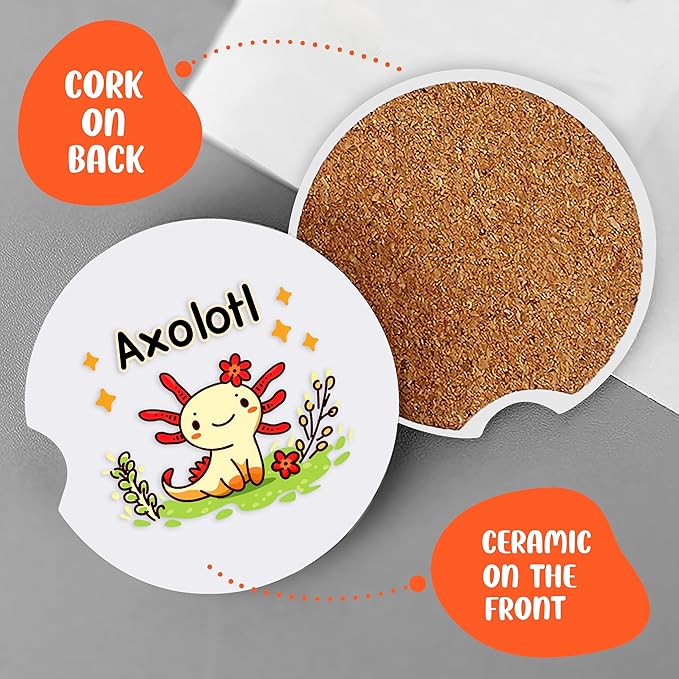 2 Pack Axolotl Car Cup Holder Coaster, Cute Car Interior Accessories Drink Coaster for Women & Men, Axolotl Lovers Themed Gifts Stuff Accessories Things Merchandise Items!