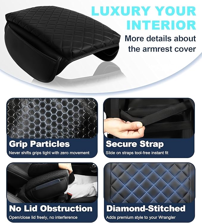 Armrest Cover for Jeep Wrangler Center Console Pad with Organizer Storage Pockets, Black Faux Leather Arm Rest Lid Protector Cushion Interior Accessories (2018-2025 Wrangler JL & Gladiator JT)