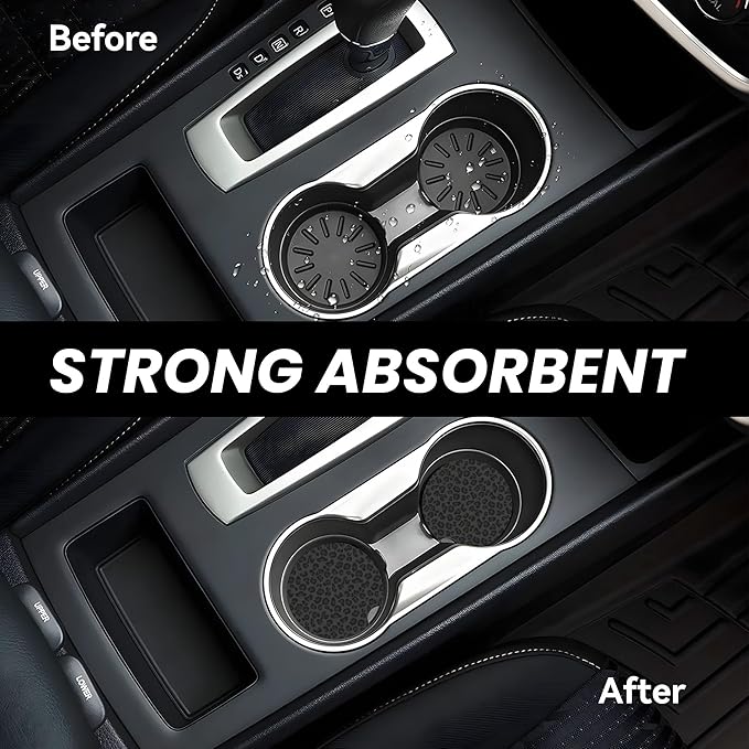 Absorbent Car Coasters for Cup Holders, 2 Pack Universal Anti Slip Ceramic Cup Coaster for Women Men 2.56 Inch Car Interior Accessories - Black Leopard Print 001