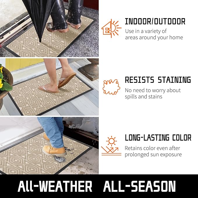 Yimobra Door Mat, Outdoor Indoor Entrance Welcome Mat, Heavy Entry Front Door Mat, Stain & Fade Resistant, Low Profile, Sturdy Rubber, Easy Clean Patio Floor Mat, Waterproof, 60 x 36,Light Beige