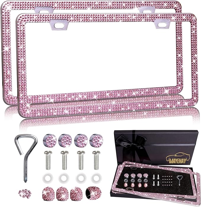 Pink License Plate Frame 2 Packs Bling License Plate Frame for Women Sparkly Diamond License Plate Frames Glitter Rhinestone License Plate Frame with Pink Tire Valve Caps with Giftbox