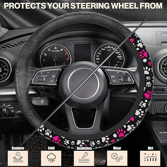 Animal Paw Print Steering Wheel Cover, Elastic Non-Slip Steering Wheel Protector,Auto Interior Decor for Women Girls,Universal 15" Fit for Sedans,Trucks