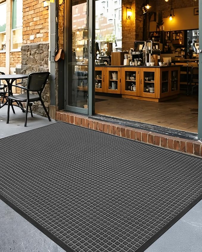 DEXI Front Door Mat Outside Entrance, 4x6 ft Large Rubber Entry Doormat Heavy Duty, Welcome Mats Non Slip for Inside House Floor Entryway Double Doors Exterior Patio, Squares Grey