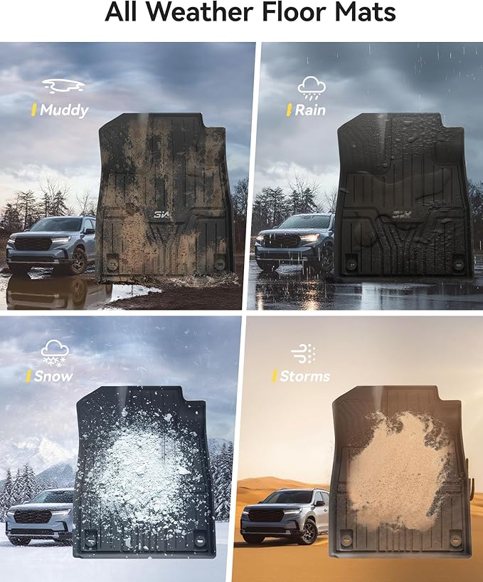 3W Floor Mats Fit for 2026 2025 2024 2023 Honda Pilot, Custom Fit Floor Liner for 1st 2nd and 3rd Row Full Set TPE All-Weather Car Liners, Black