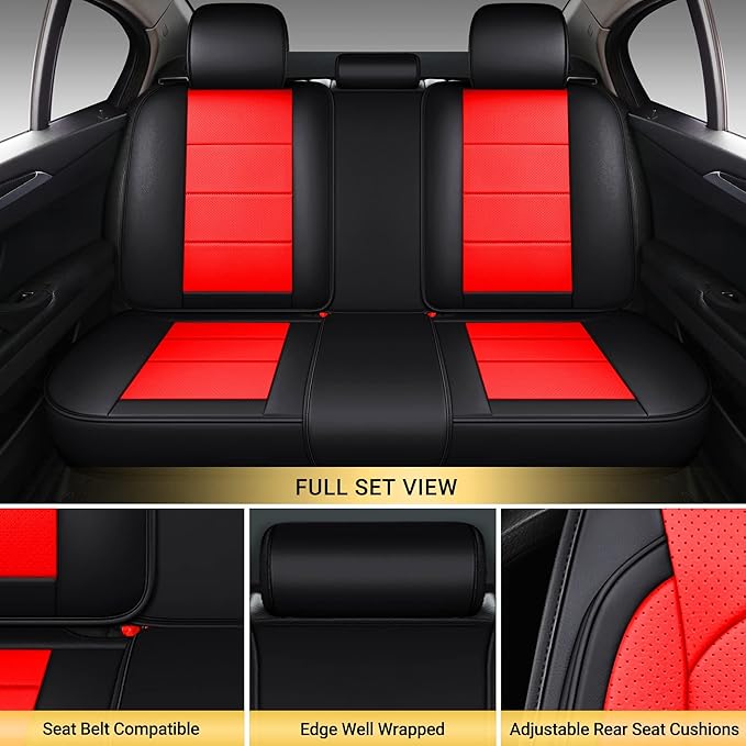 AOOG Leather Car Seat Covers with Car Backseat Organizer, Universal fit Automotive Vehicle Most Sedan SUV Pick-up Truck (Full Set, Black&Red)
