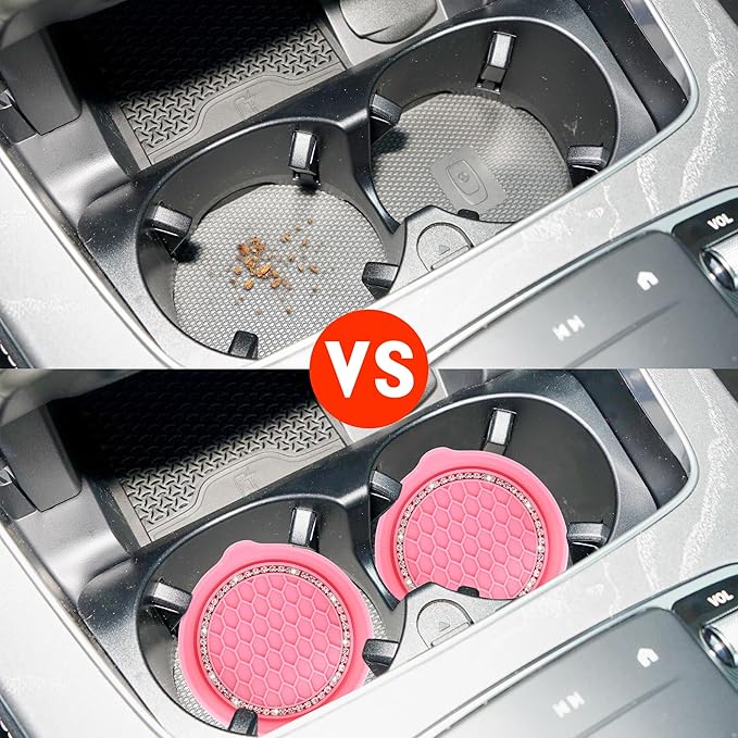 Amooca Car Cup Coaster Universal Non-Slip Cup Holders Bling Crystal Rhinestone Car Interior Accessories 2 Pack Peach Pink