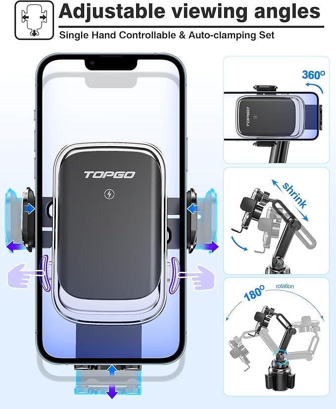 TOPGO [Upgraded Cup Phone Mount Wireless Charger, Universal Cell Phone Holder Car Charger Wireless Charger Cup Phone Holder Fast Charging for iPhone17 Pro Max, Samsung Galaxy - Black