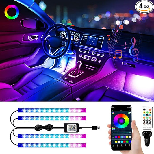 YM E-Bright RGB LED Strip Lights for Car App Control with Remote Led Lights car Interior with Charger Music Sync Under Dash Footwell Neon Lighting Kit w/USB Cable DC 12V