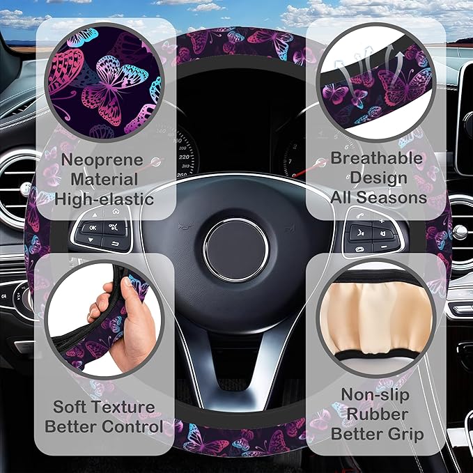 Purple Butterflies Steering Wheel Cover for Women, Anti-Slip Car Steering Wheel Cover with 2 Pcs Cup Holders Neoprene Breathable Car Accessories Universal 15 Inch Auto Interior Decor