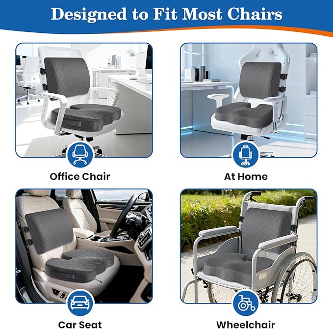 TushGuard Back&Seat Cushion, Car Seat Office Chair Cushions, Breathable Memory Foam Lumbar Back Support Pillow, Portable Airplane Seat Cushion for Travel, Computer Desk, Wheelchair, Driving (Grey)