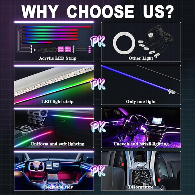 Dreamcolor Acrylic Interior Car LED Strip Light with Wireless APP Control, RGB 14-in-1 Ambient Lighting Kit with Music Sync, Dynamic Color Chasing Neon Lights for Car Interior