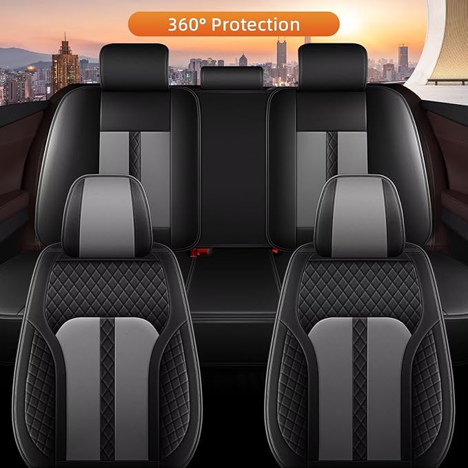 AOMSAZTO Car Seat Cover Fit for Chevrolet Malibu 2009-2025 2026 Leather Vehicle Cushions Cover Seat Protector Automotive Full Set 5 Seat Covers Waterproof Compatible Airbag Black&Gray