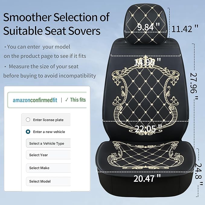 Skysep Crown Full Set Universal Fit 5 Seats Car Surrounded Waterproof Leather Car Seat Covers Protector Adjustable Removable Auto Seat Cushions with 2 Waist Pillows 2 Headrest Pillows (Black-Gold)