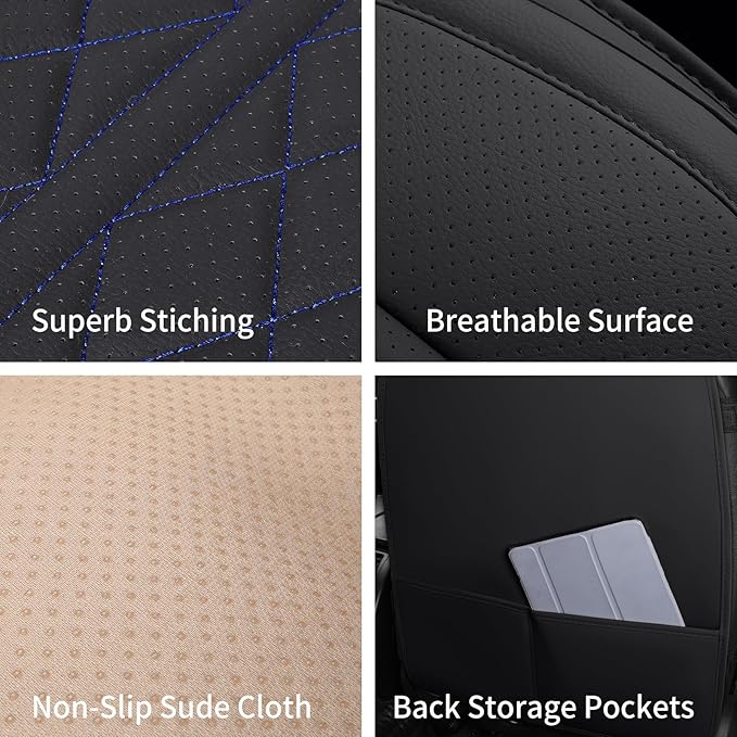 Leather Automotive Seat Covers Universal Fit for Cars, SUV, Sedans, Anti-Slip & Breathable (Black Blueline, Full Set)