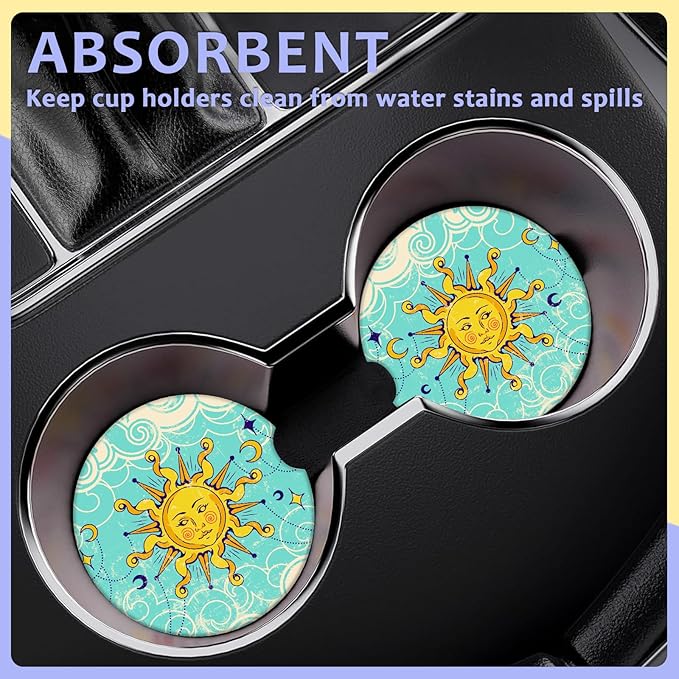 2 Pack Car Cup Holder Coaster-Boho Sun Moon Absorbent Ceramic Coaster, Car Coasters for Cup Holders,Auto Accessories for Women & Men