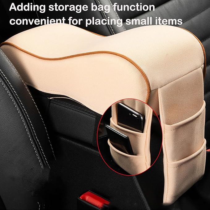 Auto Center Console Armrest Pillow Pad, Car Armrest Cushion Soft Memory Foam with Phone Holder Storage, Pockets Bag Seat Cushion Universal Fit for Most Car (Beige)