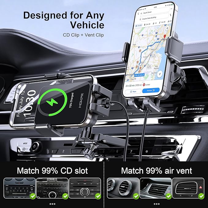 Wireless Car Charger, MOKPR 15W Fast Charging Auto Clamping CD Slot Air Vent Car Phone Holder with LED Light Car Charger for iPhone 16/15/14/13/12 Pro Max Plus, Samsung S23/S22/S21,etc