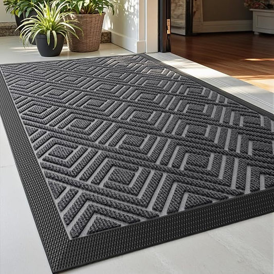 DEXI Front Door Mat Outside Entrance, Heavy Duty Rubber Backed Doormat, Stain and Fade Resistant, Low-Profile Easy Clean Entryway Floor Mats, 2x3, Checkered Grey