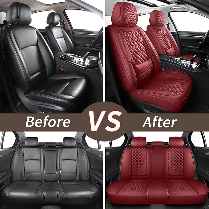 Leather Car Seat Covers Full Set Breathable Automotive Seat Covers Waterproof Seat Protectors Universal Fit for Most Automotive Cars SUV Trucks Van(Red, Full Set)