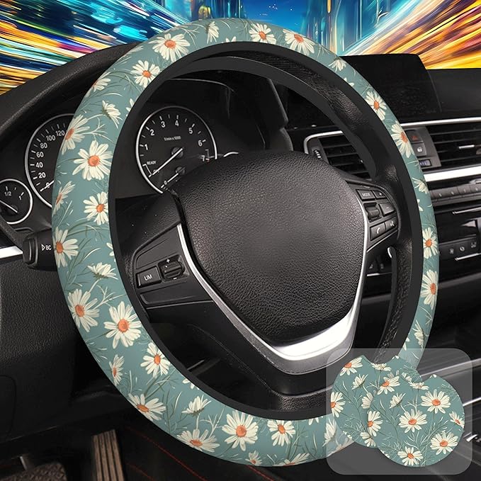 White Daisy Steering Wheel Cover with 2 Pcs Car Coasters Neoprene Steering Wheel Cover for Women Men Anti-Slip Breathable Car Accessories Universal 15 Inch Fit Auto Cars Trucks