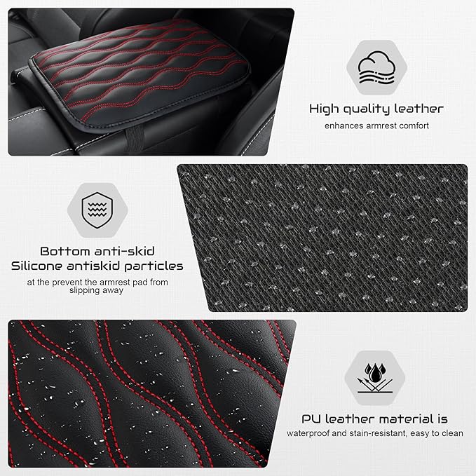 Amiss Auto Center Console Pad, Universal Waterproof Armrest Seat Box Cover, Car Interior Accessories, Leather Auto Armrest Cover Protector for Most Vehicle, SUV, Truck (Red Line)
