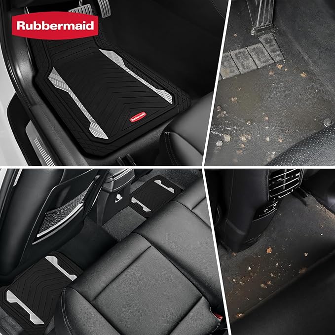 Rubbermaid Car Floor Mat, Heavy Duty All-Weather Car Mats Full Set with Dual-Tone Sliver Aluminum Inserts – Universal Fit, Anti-Slip Backing, Trim-to-Fit for Most SUV, Sedan, Van
