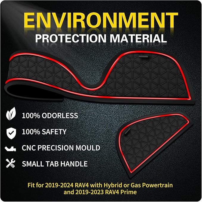 Premium Liner Mat Accessories Compatible with Toyota RAV4 2019-2024 and 2021-2024 RAV4 Prime, Custom Fit Cup Holder, Door Pocket and Center Console Inserts (Red Trim, 14-PCS)