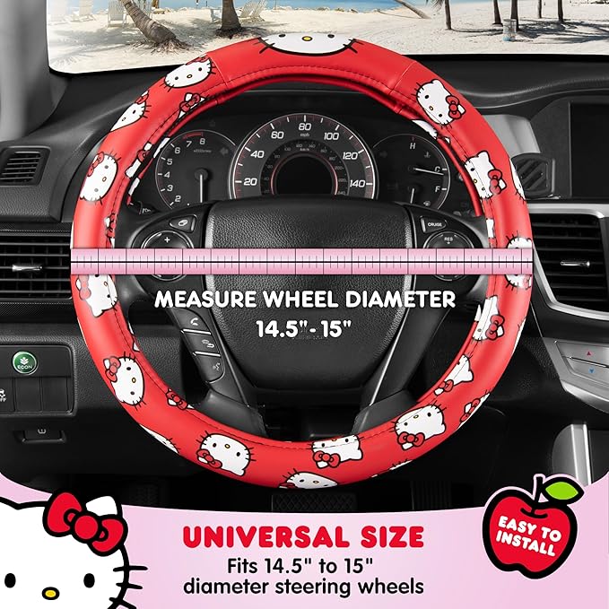 Sanrio Hello Kitty Red Steering Wheel Cover, Universal Fit Cute Car Accessories for Women Stylish SUV, Truck Decor Gifts - Fits Standard Wheels 14.5"-15" (Hello Kitty Red)
