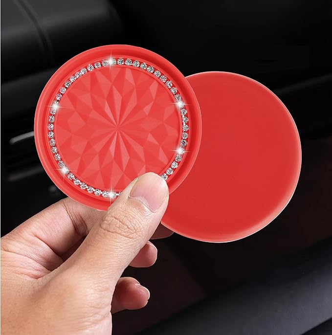 Amooca Car Cup Coaster 4 Pack Universal Non-Slip Cup Holders Insert Coasters Bling Crystal Rhinestone Car Interior Accessories Red Flower