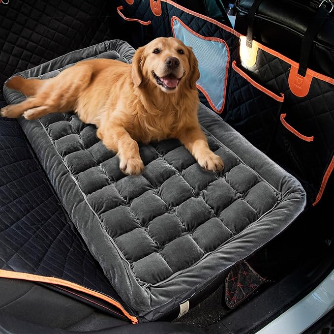 Soulbond Backseat Pet Bed Mat,Dog Bed for Car,Fuzzy Dog Seat Cover for Car Back Seat, Non-Slip Travel Pet Mat, Fit for Backseat Extenders and Seat Covers(Glossy-Dark Gray)
