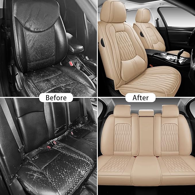 WELLDO Car Seat Covers Full Set, Premium Nappa Leather Seat Covers for Car, Waterproof Car Seat Protector with Lumbar Support, Automotive Seat Covers Universal Fit for Most Cars SUV Truck, Beige-white