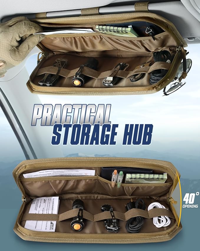 WYNEX Molle Car Sun Visor Organizer, Original Design Car Accessories with Zipper Visor Storage Pouch & Glasses Clip, Semi-Rigid Molle Panel for Tactical Gears, Fits Most Vehicles, SUVs, Trucks