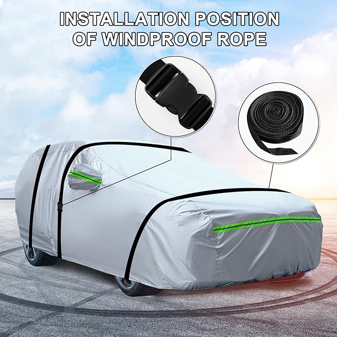 Full Car Cover Universal 6 Layers Outdoor Thicked All Weather Cover, Sunshield, Waterproof, Snow Proof, UV Proof, Scratch Proof, Bird Droppings, 6 Reflective Strips, Fits SUVs up 214"-236"