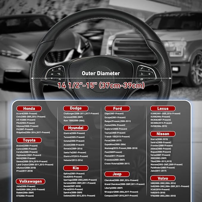 SEG Direct Black Car Steering Wheel Cover Medium Size 14.5-15 inch (37-39 cm), Breathable Microfiber Leather