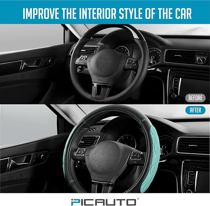 PIC AUTO Steering Wheel Cover, Mint Thick Rhombic Foam and Premium Leather, Universal 14.5-15.5 Inch Breathable Anti-Slip Steering Wheels Accessories for Men & Women