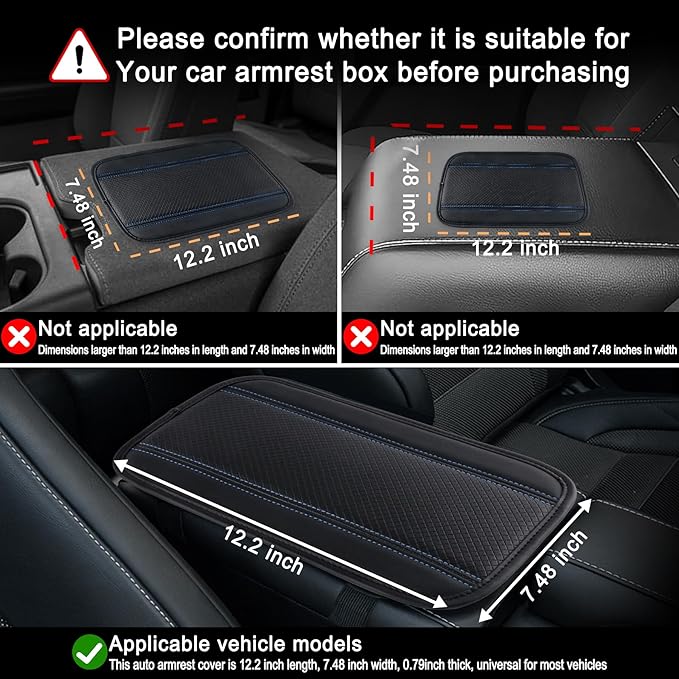 Amiss Car Center Console Pad, Universal Waterproof Car Armrest Seat Box Cover, PU Leather Auto Armrest Cover Protector，Vehicle Interior Accessories fits SUV/Truck/Car (Black-Blue)