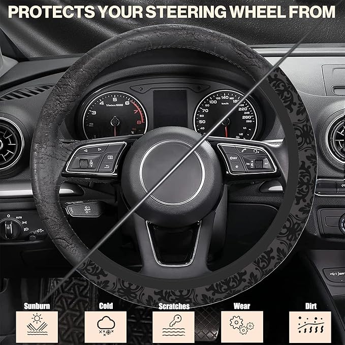 Vintage Black Floral Steering Wheel Covers Universal 15 Inch Car Wheel Cover,Anti-Slip Breathable Car Accessories Protector Fit for Trucks,Sedans,SUVs,Vans