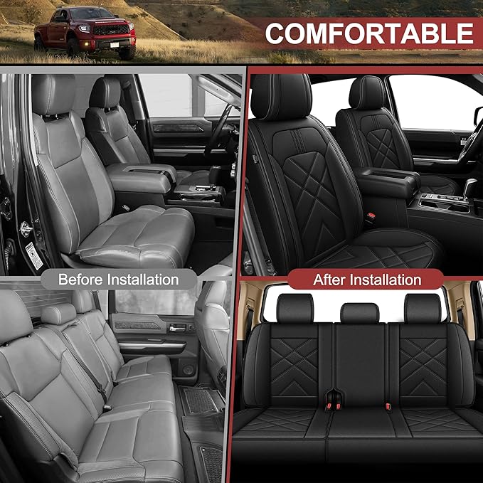 AOMSAZTO Seat Covers Custom Fit for 2014-2021 Toyota Tundra Crewmax Double Cab Breathable Leather Truck Car Front Seat Covers (Black)