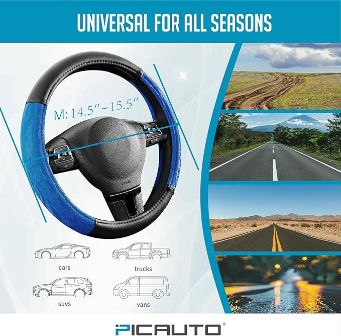 PIC AUTO Steering Wheel Cover, Silk Grain Leather Car Steering Wheel Protector, Comfortable Grip, Universal 14.5-15.5 Inch Anti-Slip Steering Wheels Accessories for Men & Women (Blue)