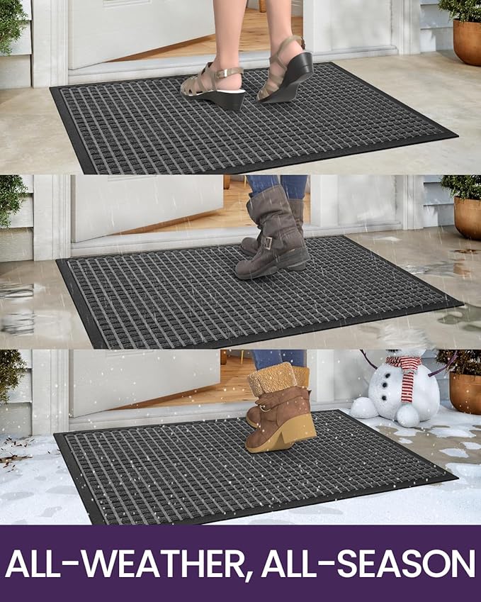 DEXI Front Door Mat Outside Entrance, Rubber Entry Doormat Heavy Duty, Welcome Mats Non Slip for Inside House Floor Entryway Back Doors Exterior Patio, 17x29 Squares Grey