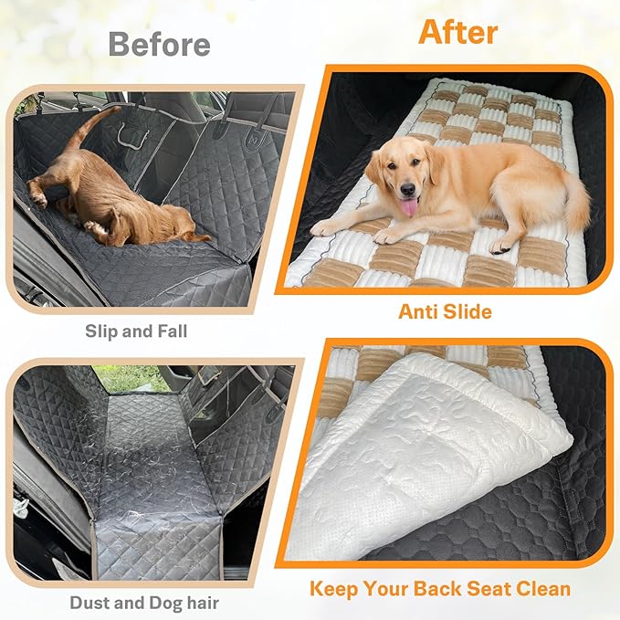Dog Car Seat Cover for Back Seat, Dog Bed for Car, Fit for Backseat Extenders, Car Seat Protector, Nonslip Soft Durable for Cars Trucks and SUVs (Light Brown & White, 23.6"*51")