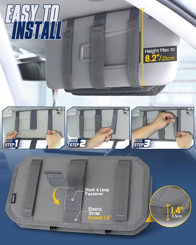 WYNEX Molle Car Sun Visor Organizer, Original Design Car Accessories with Zipper Visor Storage Pouch & Glasses Clip, Semi-Rigid Molle Panel for Tactical Gears, Fits Most Vehicles, SUVs, Trucks